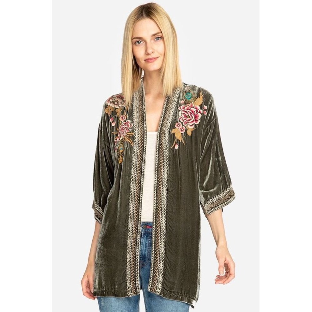 Johnny Was Quito Olive Green Silk Velvet Embroidered Kimono Cardigan Size S